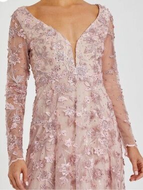 embellished illusion high neck long sleeve fit & flare dress Beige Illusion High Neck Long Sleeve Embellished Gown main image 1